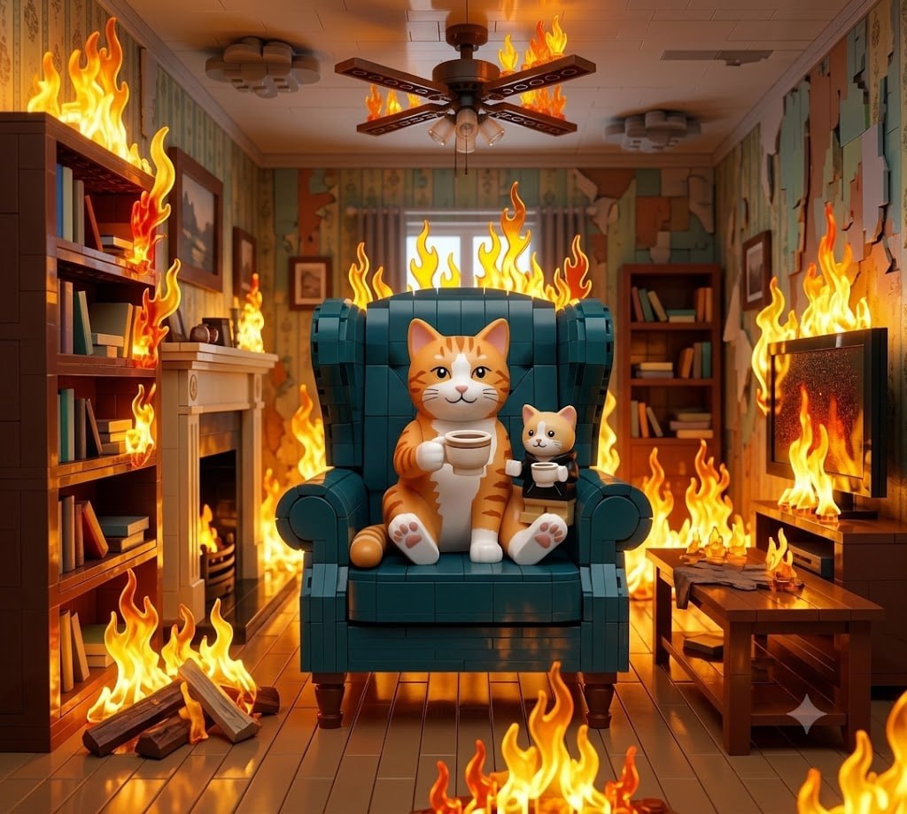 Brick cats sipping coffee in a burning living room