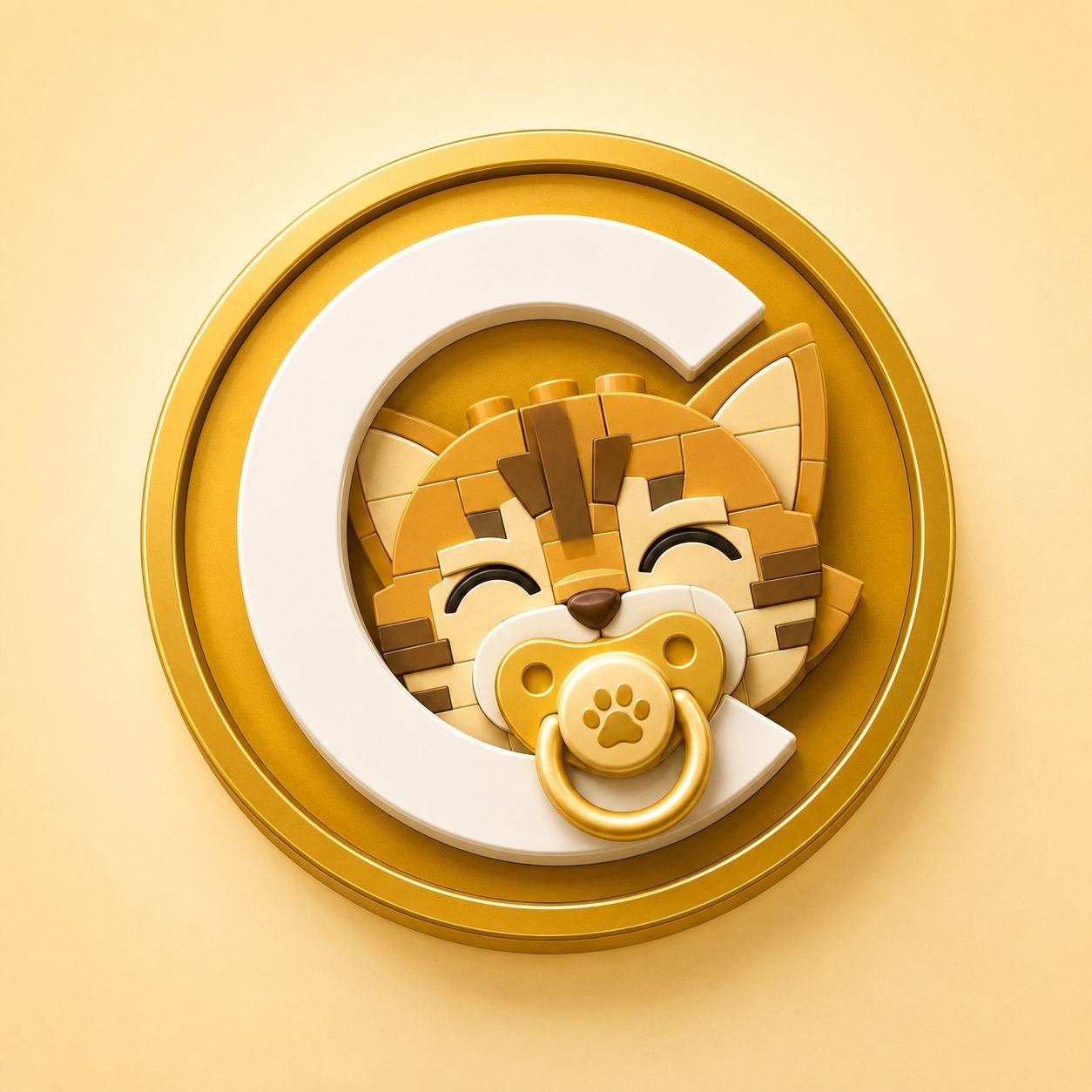 Baby Cate brick-built coin logo with gold pacifier