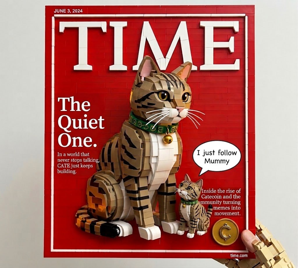 Brick-built TIME magazine cover featuring CATE and Baby Cate