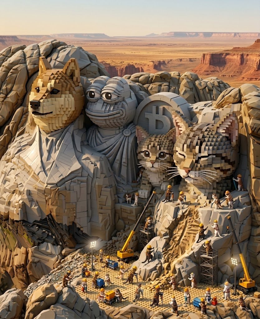 Brick-built Mount Rushmore of meme coins with CATE cats