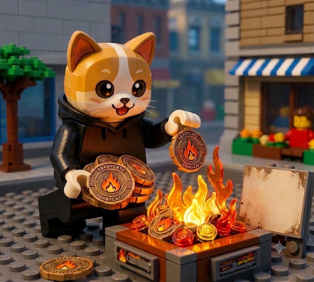 Baby Cate brick cat burning $BABYCATE coins in a Brick City campfire