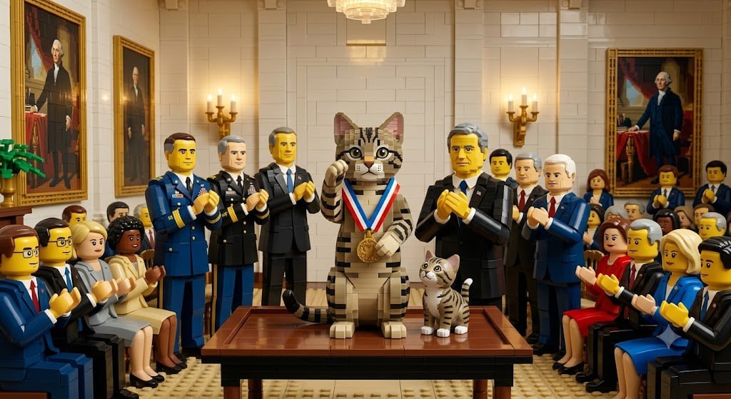 Brick cat receiving a medal in a white marble hall